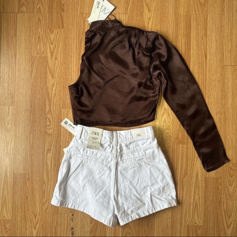 Zara Brown Satin One-Sleeve Top with White High-Waist Shorts set